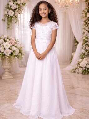 #382 Youth/Tween White Chiffon Lace bodice A-line Gown - 12Y